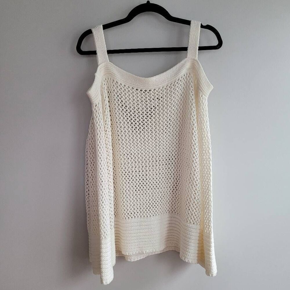 White open knit mesh‎ like sweater boxy fit cold shoulder cut out long sleeved